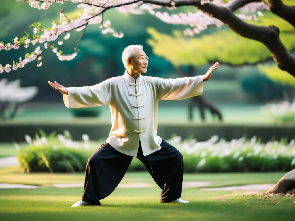 Un maestro anciano de Tai Chi viste traje tradicional y practica en un jardín sereno, rodeado de naturaleza exuberante y árboles de cerezo en flor