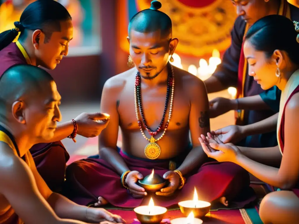 Maestro budista tibetano realizando rituales de conexión en tantra, rodeado de devotos en atmósfera reverente y serena