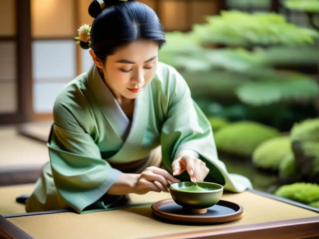 Maestro de ceremonia del té matcha, vierte con reverencia en kimono tradicional, en jardín zen