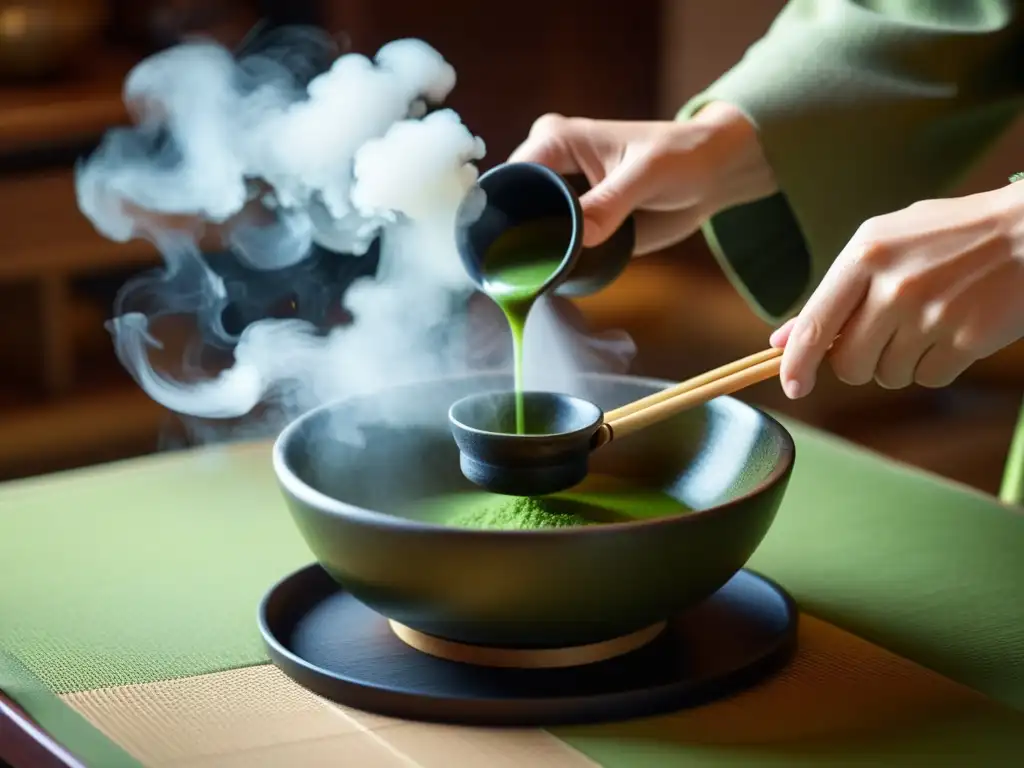 Un maestro de té ceremonial japonés prepara matcha con movimientos precisos