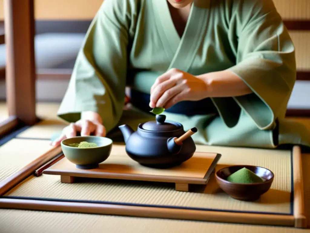 El maestro del té ceremonial japonés sirve matcha en un ambiente tranquilo y minimalista