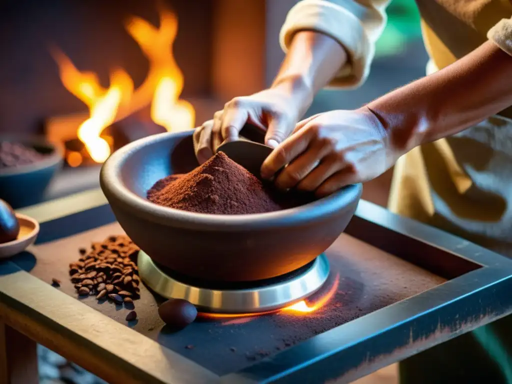 Un maestro chocolatero muele cuidadosamente los granos de cacao tostados en un metate de piedra, creando una escena táctil y envolvente