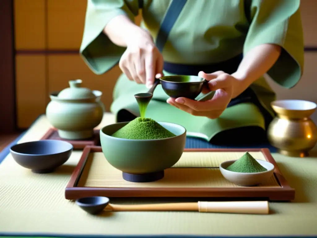 Un maestro japonés realiza con cuidado una ceremonia del té, con movimientos precisos y gracia, en un entorno tranquilo y elegante