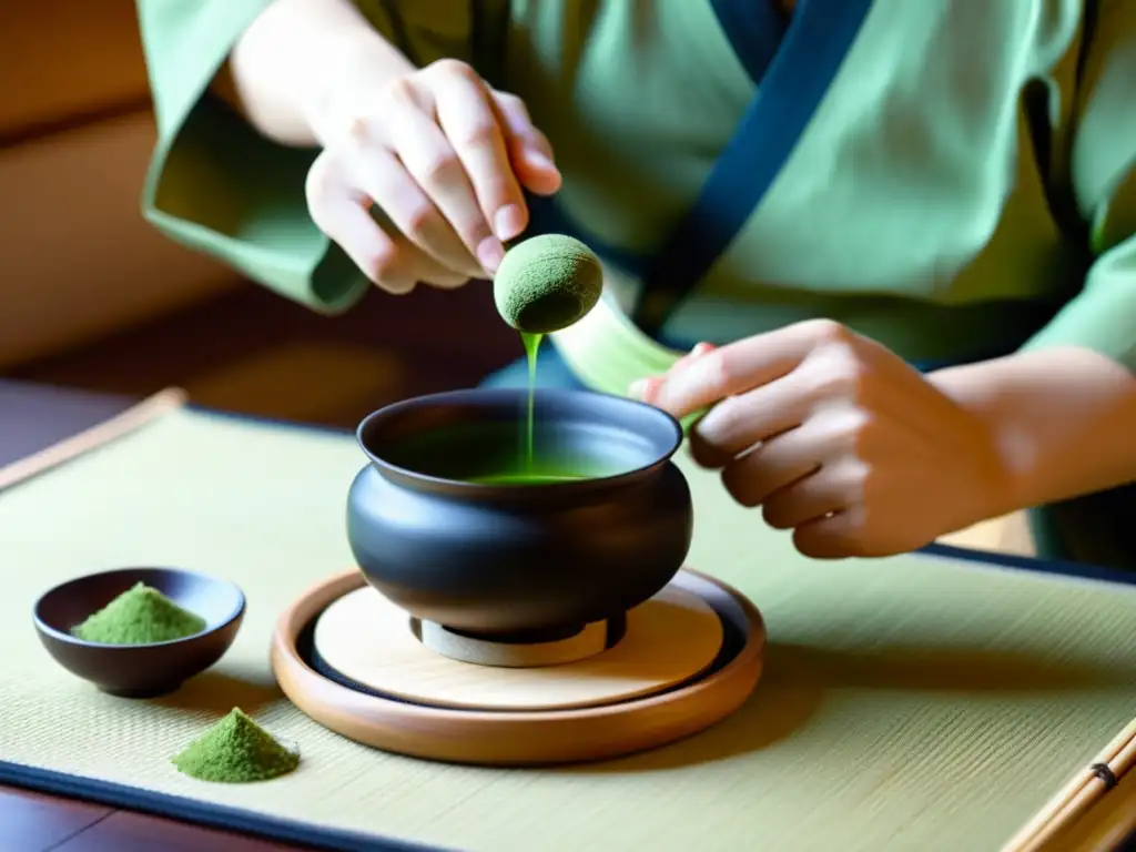 Un maestro del té japonés prepara meticulosamente matcha, destacando la serenidad y elegancia de un ritual