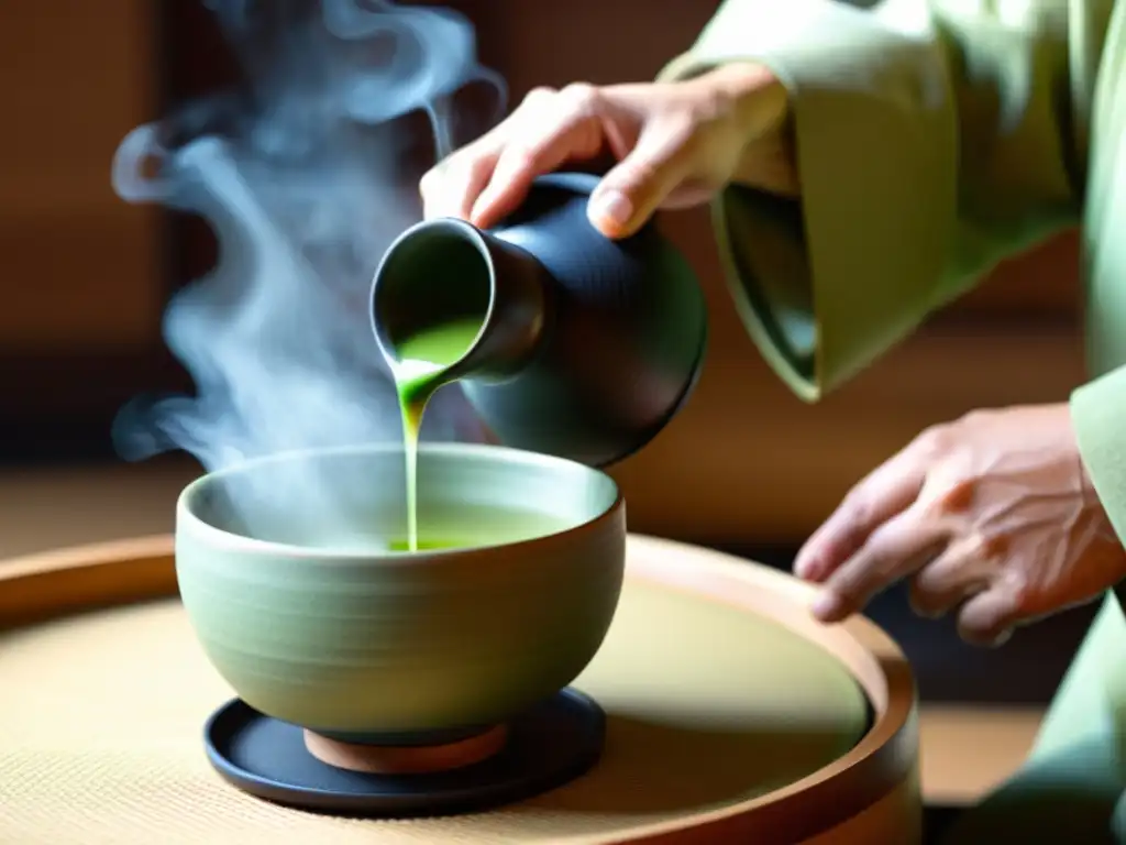 El maestro del té vierte matcha en una taza de cerámica durante una ceremonia japonesa