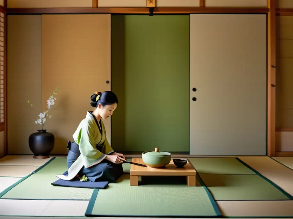 El maestro del té realiza un preciso ritual en una habitación japonesa tradicional con invitados en silencio