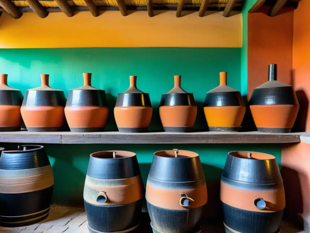 Maestro pulquero extrayendo aguamiel de agave en una antigua pulquería, resaltando la tradición del pulque en rituales aztecas prehispánicos