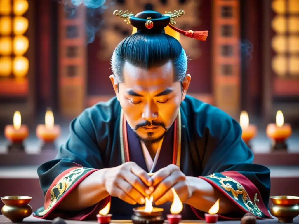 Maestro taoísta canalizando energía en ritual de sanación Maestro taoísta en ritual de sanación, rodeado de incienso y artefactos antiguos, canalizando energía