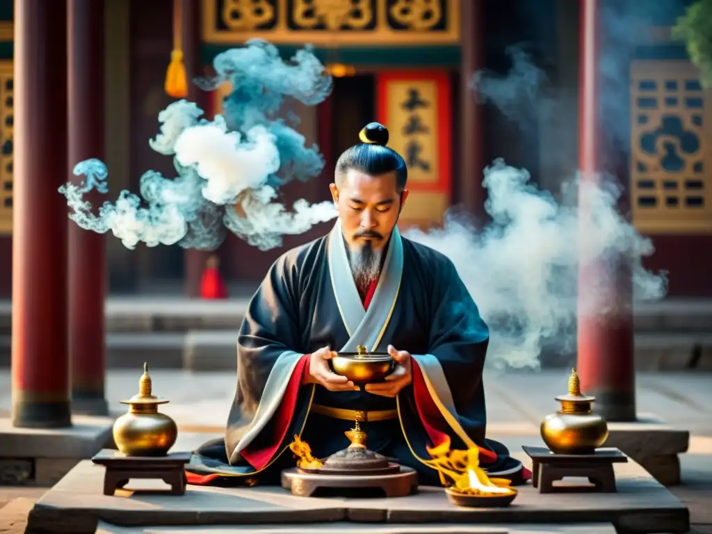 Maestro taoísta en ritual: conexión espiritual en templo Un maestro taoísta realiza rituales de transformación interna en un templo sereno, rodeado de incienso y artefactos antiguos