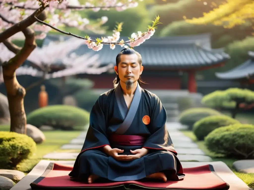 Maestro taoísta meditando en jardín de cerezos Maestro taoísta medita en jardín sereno, envuelto en humo de incienso, bajo árboles de cerezo en flor