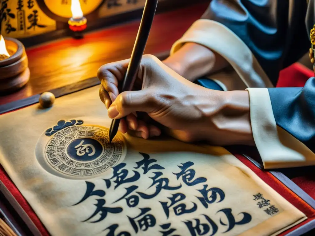 Un maestro taoísta inscribe símbolos protectores en un pergamino con precisión, en una atmósfera de sabiduría ancestral