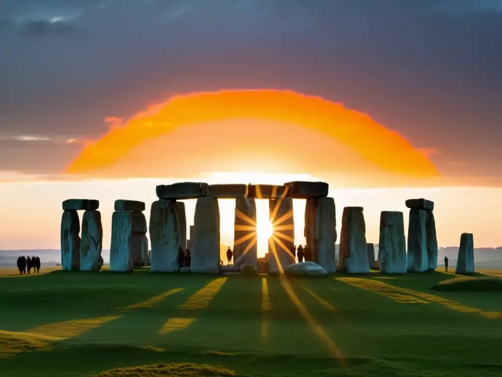 La magia del solsticio en Stonehenge: el sol naciente baña las antiguas piedras con su cálida luz dorada, mientras la gente celebra