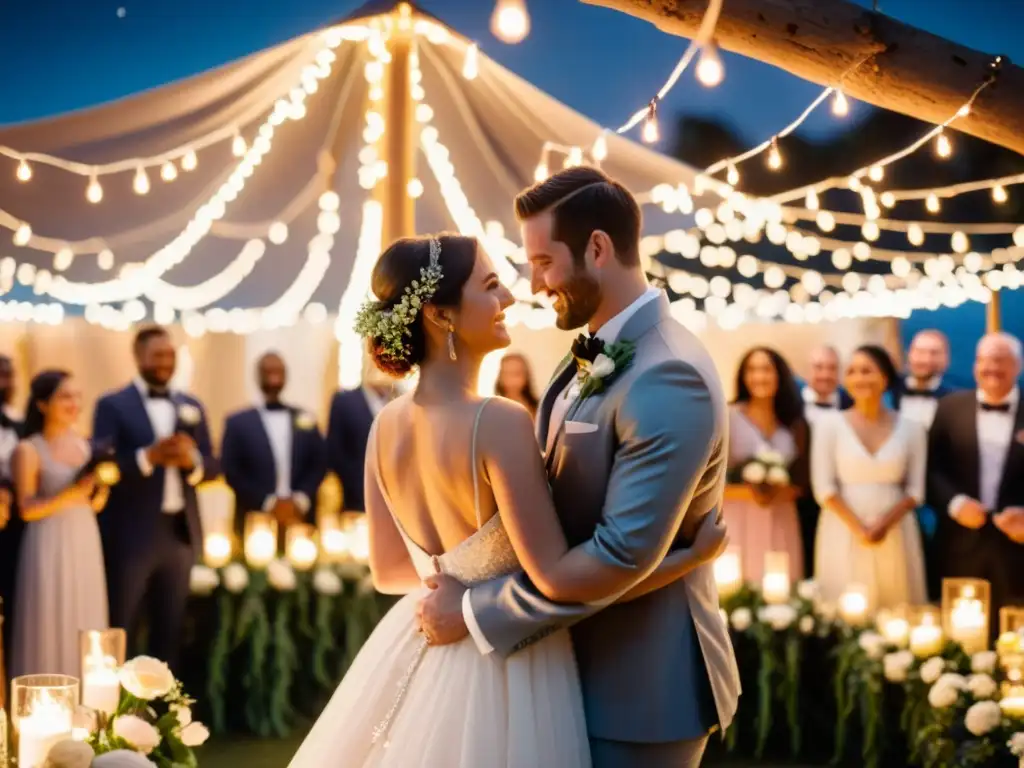 Una mágica celebración de bodas nocturna, con una pareja bajo un dosel de luces de hadas, rodeados de amigos y familia