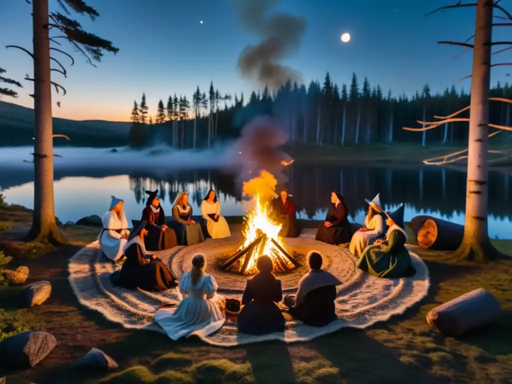 Celebración mágica en el bosque en la Noche de Walpurgis, con música, bailes y vestimenta tradicional