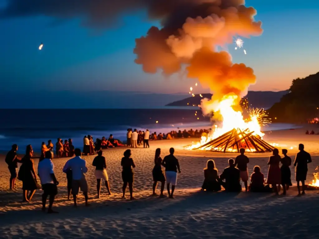 Una mágica celebración de Rituales de la Noche de San Juan en la playa, con hogueras, gente y el mar bajo las estrellas