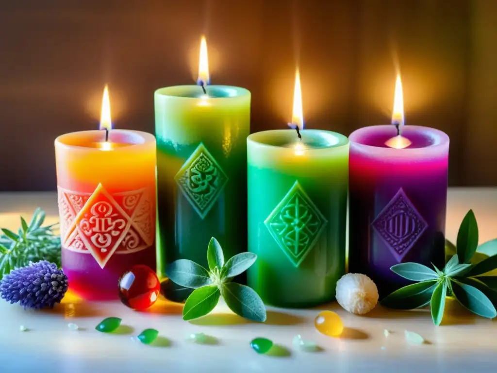 Un mágico altar de abundancia con velas verdes, hierbas frescas y cristales coloridos, creando una atmósfera encantadora