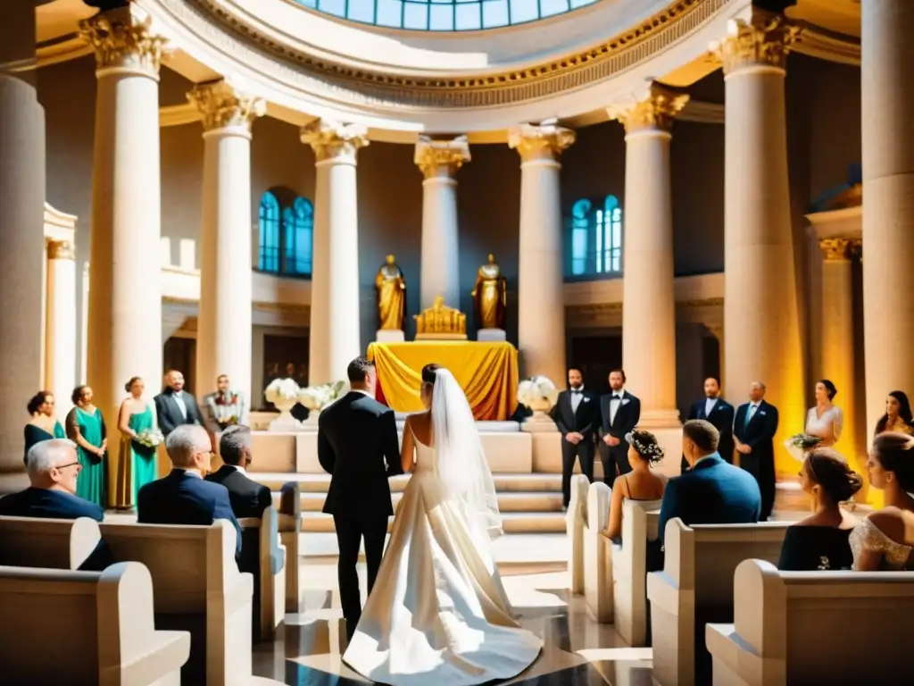 Una majestuosa ceremonia de bodas romana en un templo ornado, con la pareja y sus invitados en atuendos tradicionales