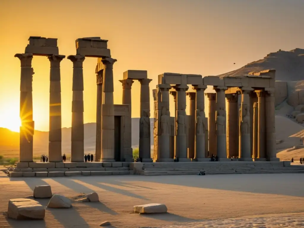 La majestuosa Ceremonia del Fuego Zoroastrismo Persépolis al atardecer, transportando a la grandiosidad del sitio histórico