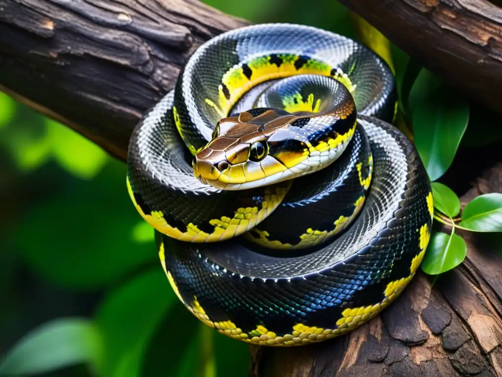 Una majestuosa Anaconda enroscada alrededor de un árbol en la densa selva amazónica