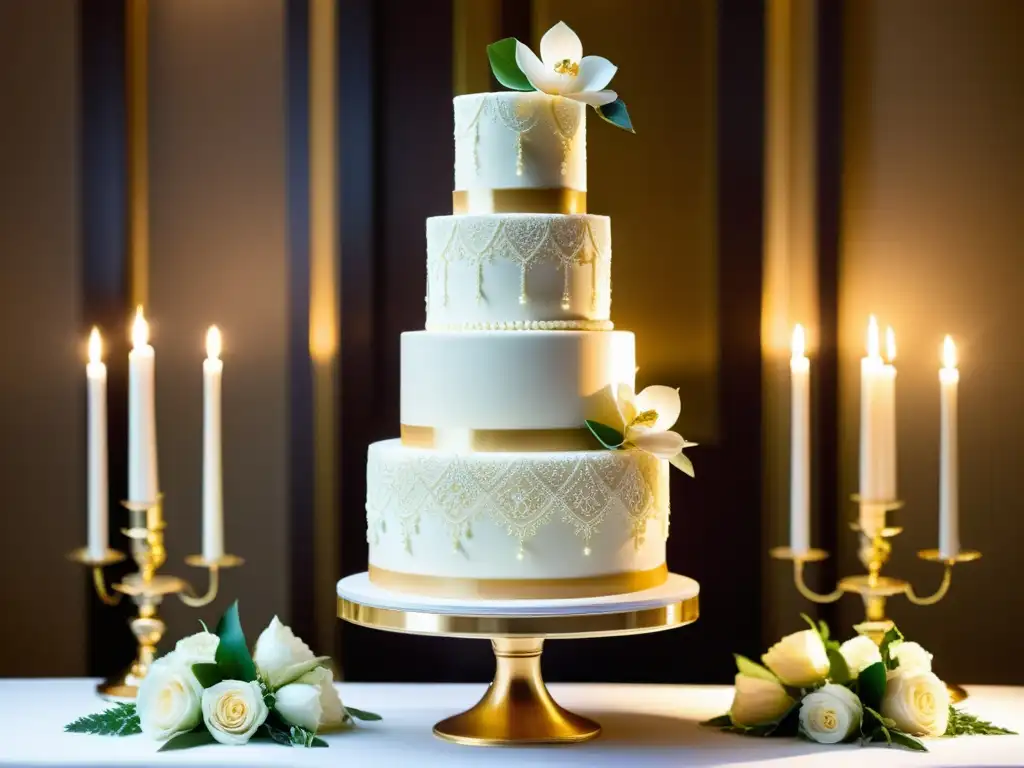 Una majestuosa torta de bodas, con flores de azúcar y encaje, iluminada por velas, simboliza el significado de la torta en las culturas matrimoniales