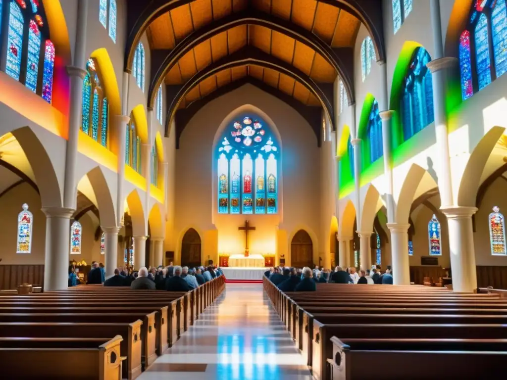 Un majestuoso interior de catedral iluminado por el sol, con un largo pasillo que conduce al altar, rodeado de fieles reverentes