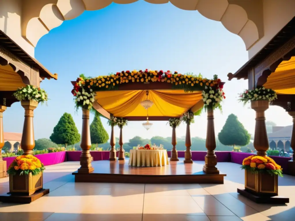 Un majestuoso mandap de boda hindú, decorado con flores vibrantes y adornos tradicionales, se alza en un patio bañado por el sol