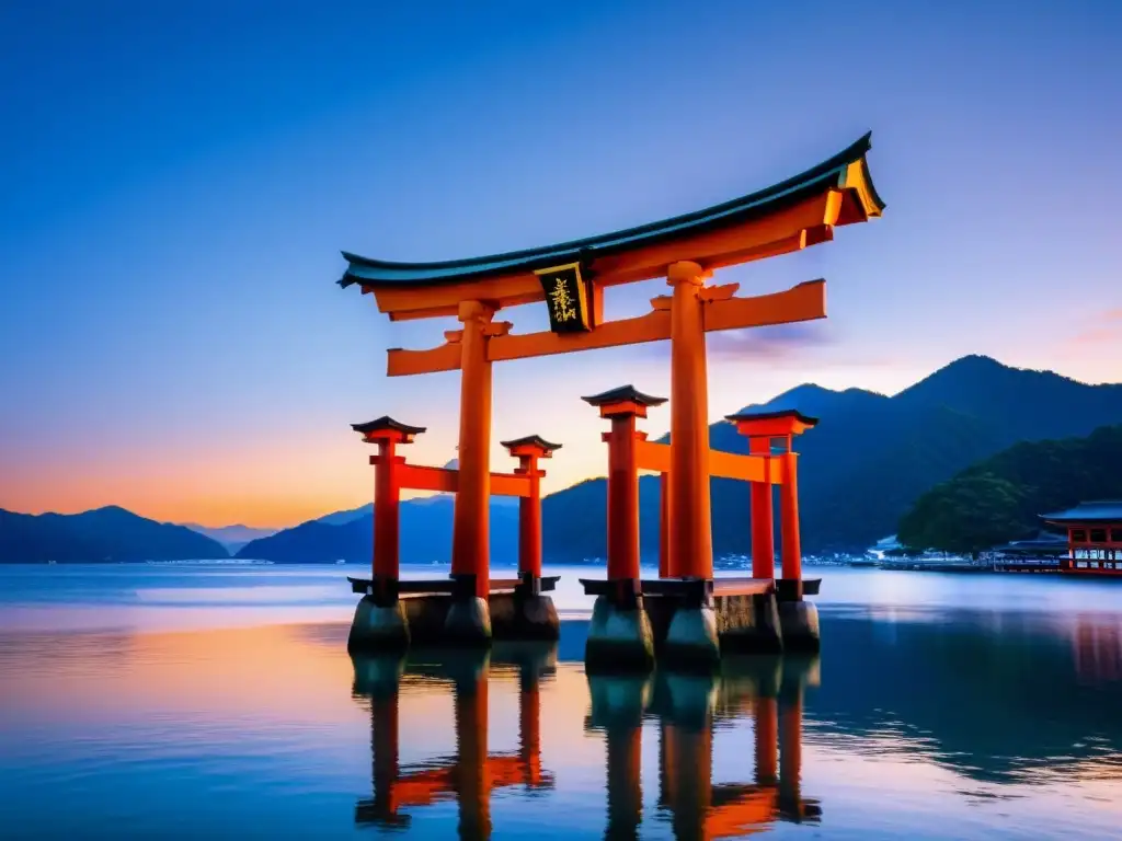 El majestuoso Torii rojo del santuario Itsukushima reflejado en el sereno mar del Mar Interior de Seto al atardecer, capturando el significado y simbolismo del Torii en el paisaje sagrado