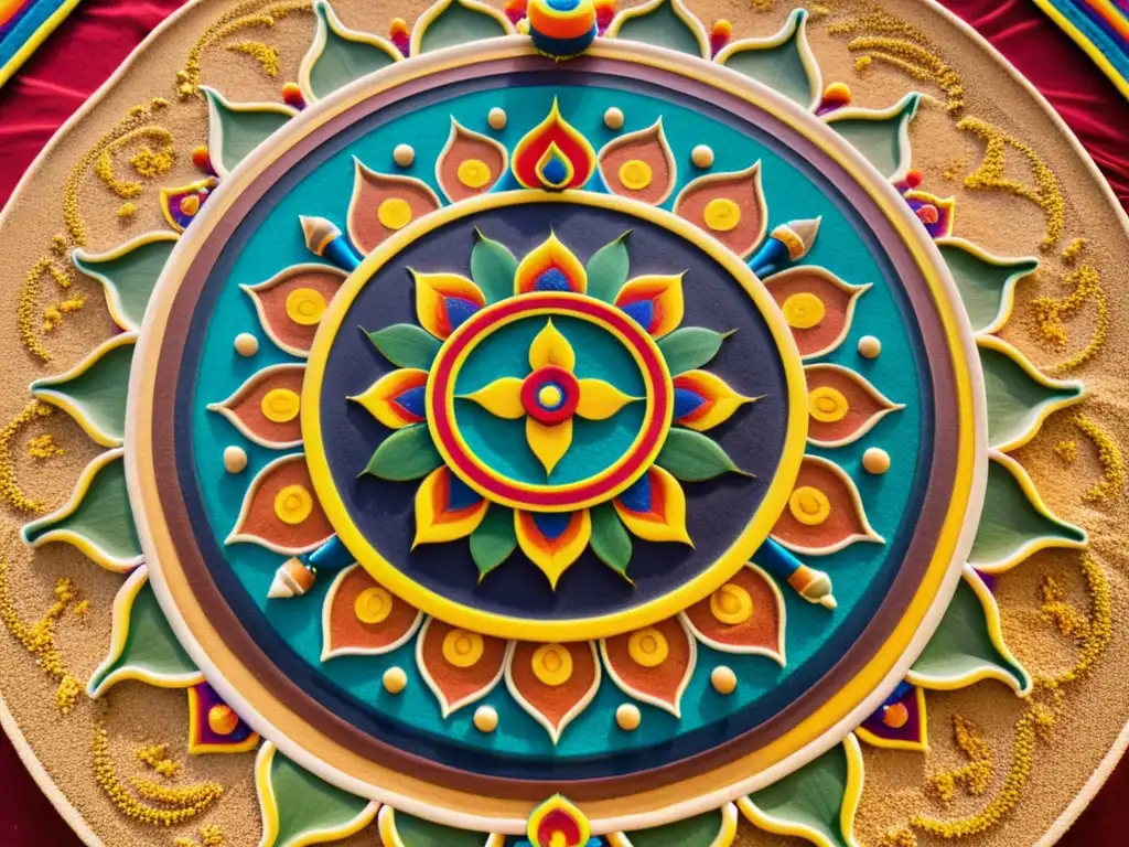 Un mandala de arena colorida, creado por monjes tibetanos en un ritual de equilibrio espiritual y conexión con los puntos cardinales