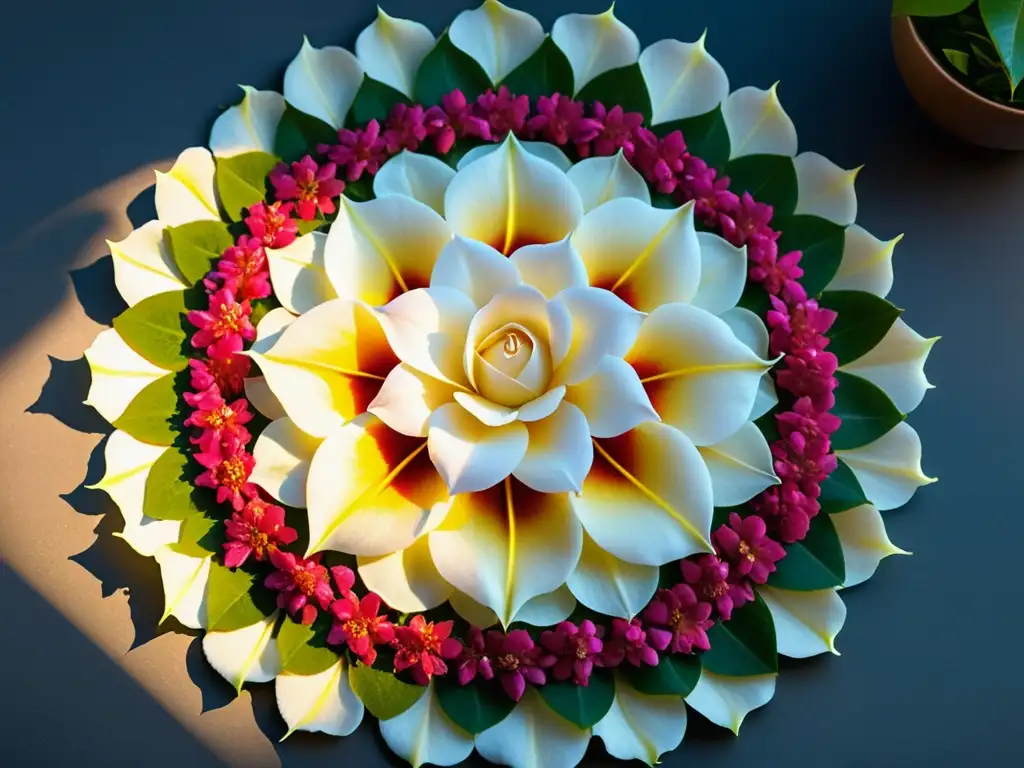 Una mandala floral de pétalos de rosa y jazmín, decoración específica para rituales de paso, con un brillo etéreo y colores vibrantes