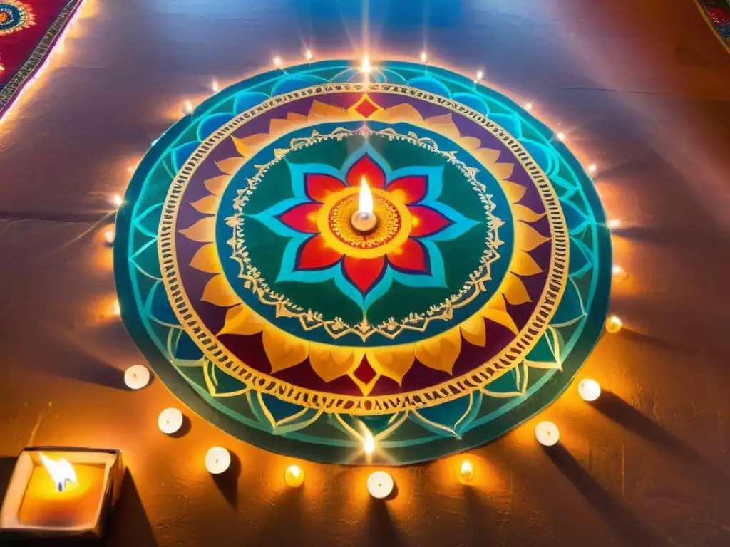 Un mandala pintado con significado decorativo y ritualístico, rodeado de velas y atmósfera espiritual