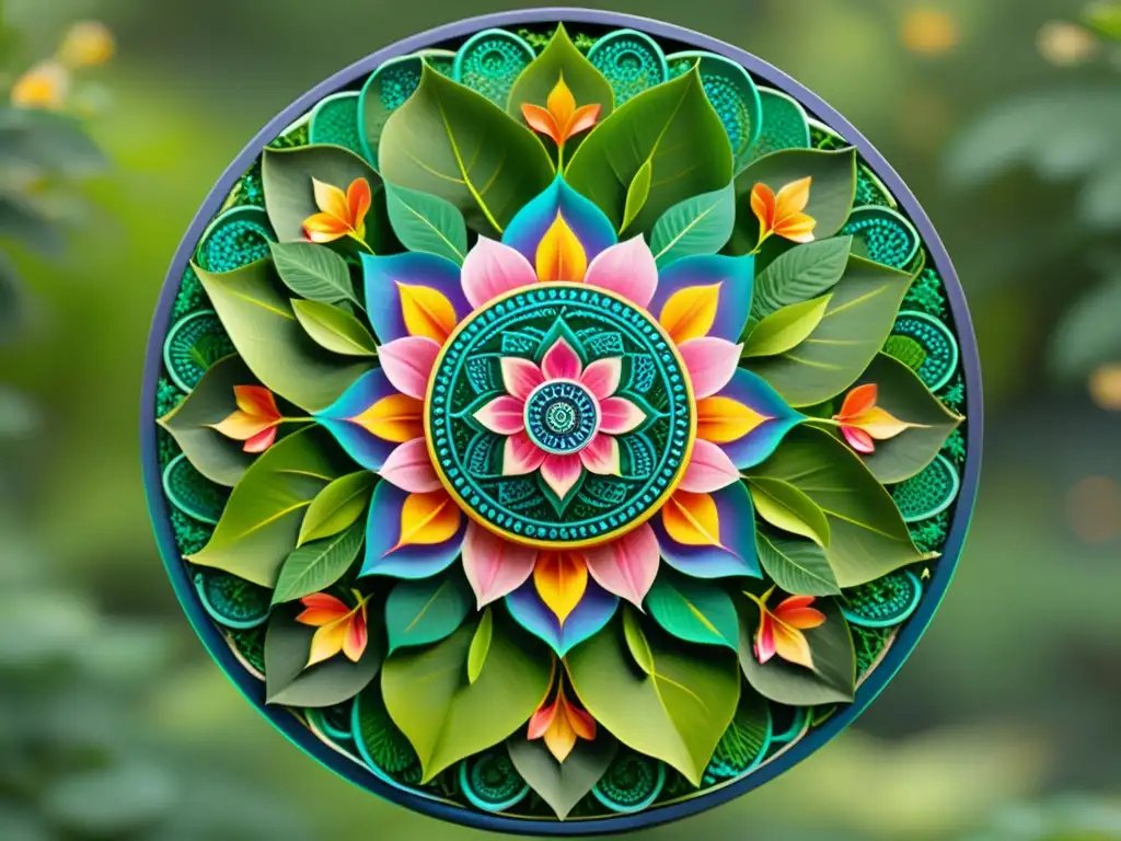 Un mandala vibrante y detallado rodeado de exuberante vegetación y flores, evocando armonía y equilibrio