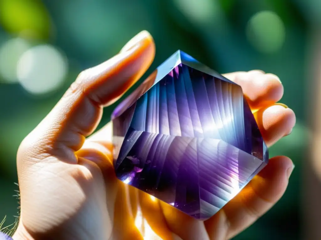 Mano sosteniendo un cristal de amatista brillante, con luz solar creando reflejos prismáticos