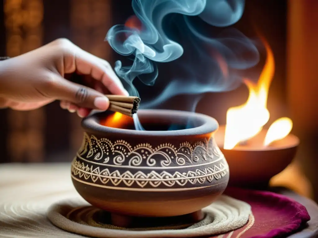 Mano decorada con henna coloca sahumero en potente ritual de purificación