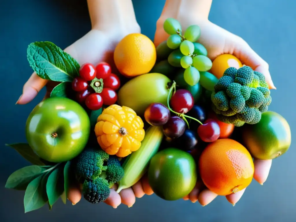 Una mano femenina sostiene con cuidado una variedad vibrante de frutas y verduras, resaltando su belleza natural