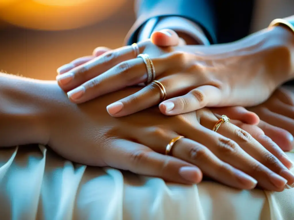 Mano del hombre cubriendo suavemente la de la mujer, mostrando anillos de boda en los dedos