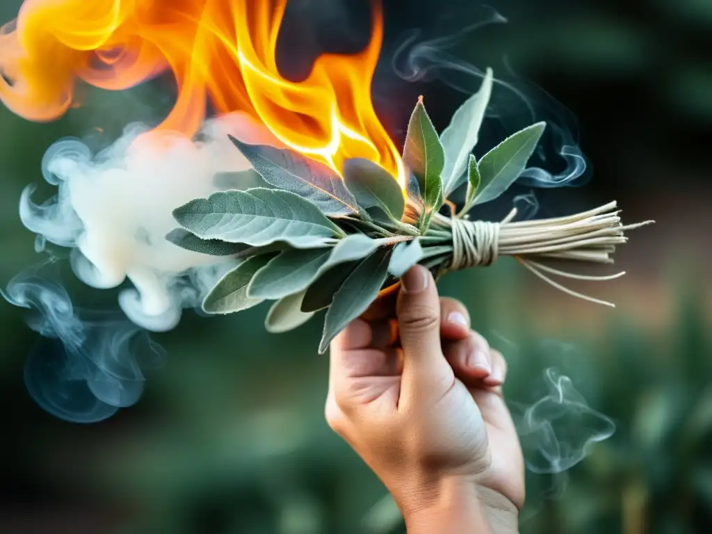 Una mano sostiene un manojo de salvia ardiendo, con humo ondulante