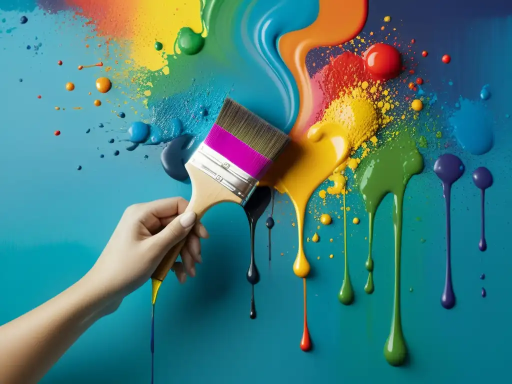 Mano sosteniendo pincel con salpicaduras de pintura vibrante, detalle creativo y colores dinámicos, evocando rituales para estimular la creatividad