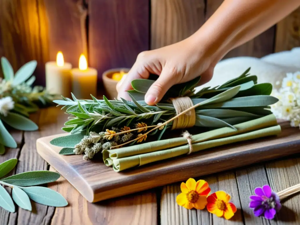 Mano colocando sahumerios sobre hierbas aromáticas coloridas en mesa de madera