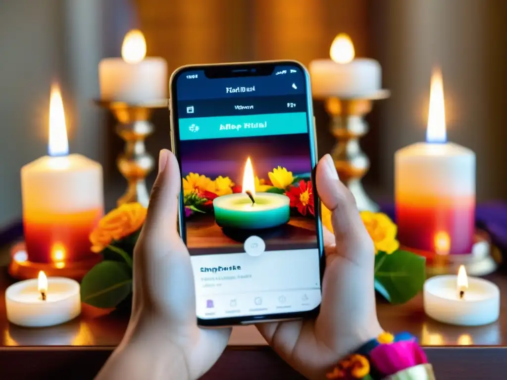 Mano sosteniendo smartphone con app para transformar rituales diarios, frente a altar tradicional con velas y flores