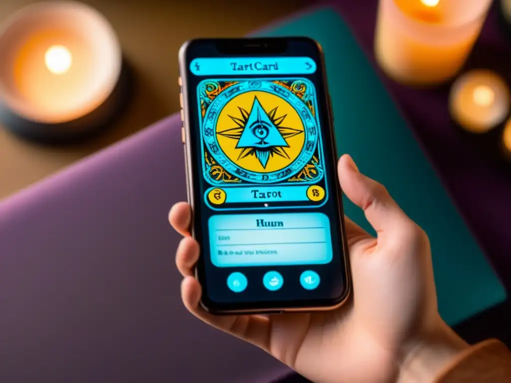 Una mano sujeta un smartphone con una carta de tarot digital, mostrando detalles vibrantes