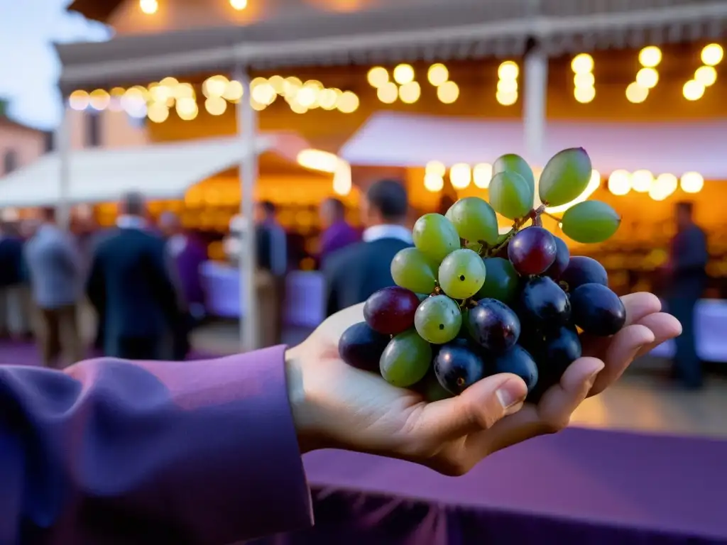 Mano sostiene uvas maduras en un ambiente festivo de Año Nuevo en una plaza española, exudando emoción y tradición cultural