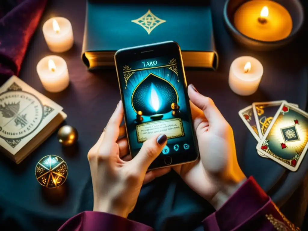 Manos de adivina con tarjeta de tarot y smartphone en atmósfera mística