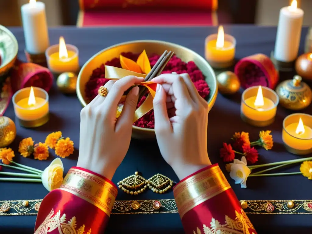 Manos adornadas con henna arreglan un altar decorado con objetos simbólicos para rituales de Año Nuevo para suerte y amor