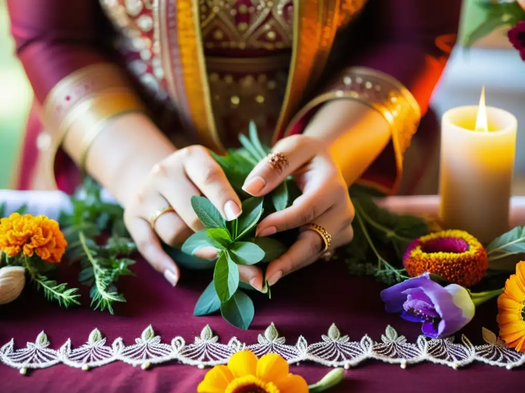 Manos adornadas con henna arreglan flores y hierbas en altar hermoso, creando rituales de gratitud diarios