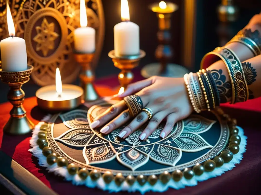 Manos adornadas con henna organizan objetos simbólicos en un altar, creando una atmósfera mística de significados psicológicos en rituales