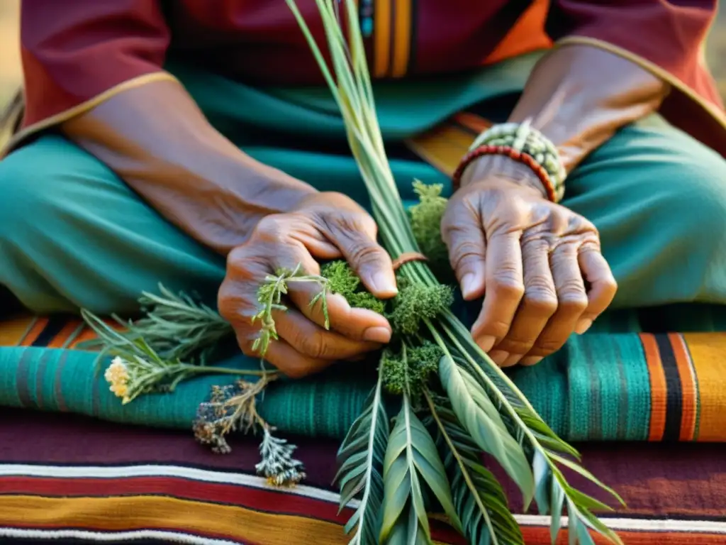 Manos de un anciano nativo americano arreglando hierbas para rituales de sanación ancestral nativos