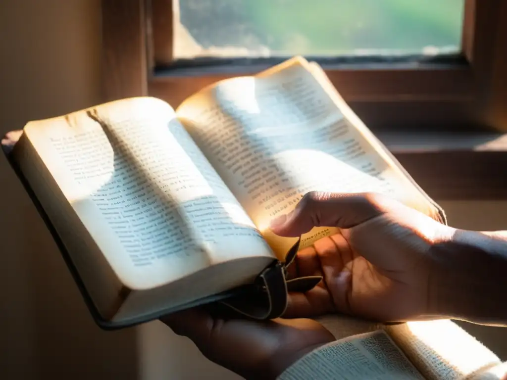 Unas manos arrugadas sostienen con devoción una Biblia desgastada, iluminada por la luz del sol