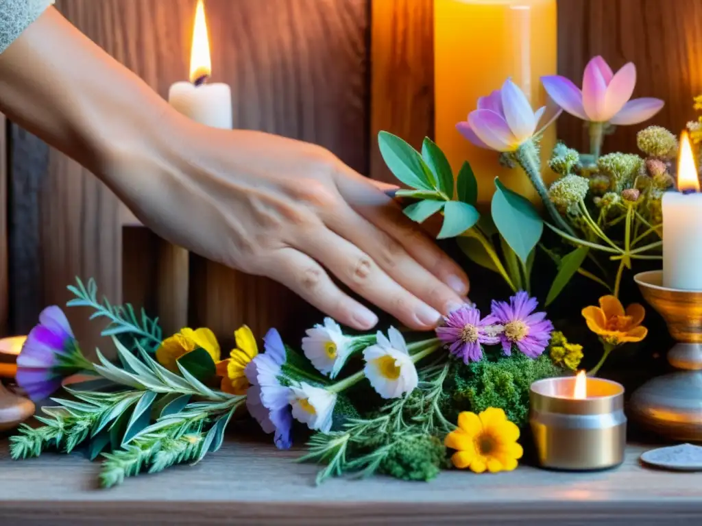 Manos arrugadas arreglan hierbas y flores en un altar, evocando rituales ancestrales y conexión espiritual