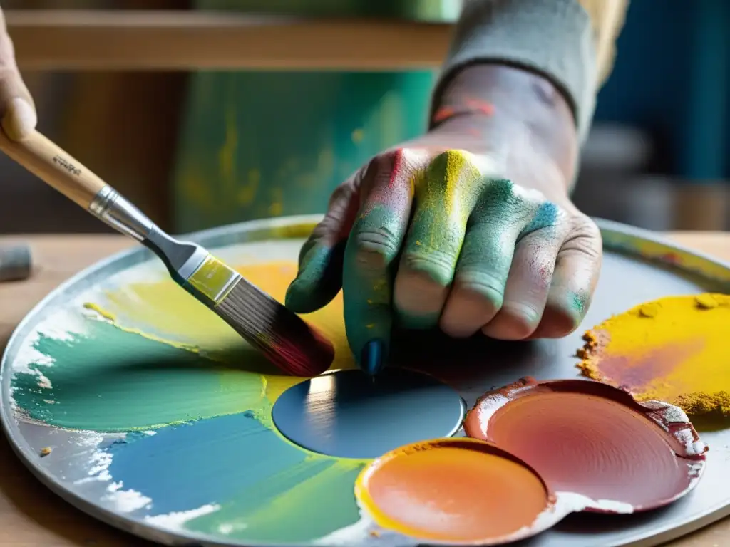 Manos de artista mezclando colores vibrantes en paleta, con luz natural resaltando texturas
