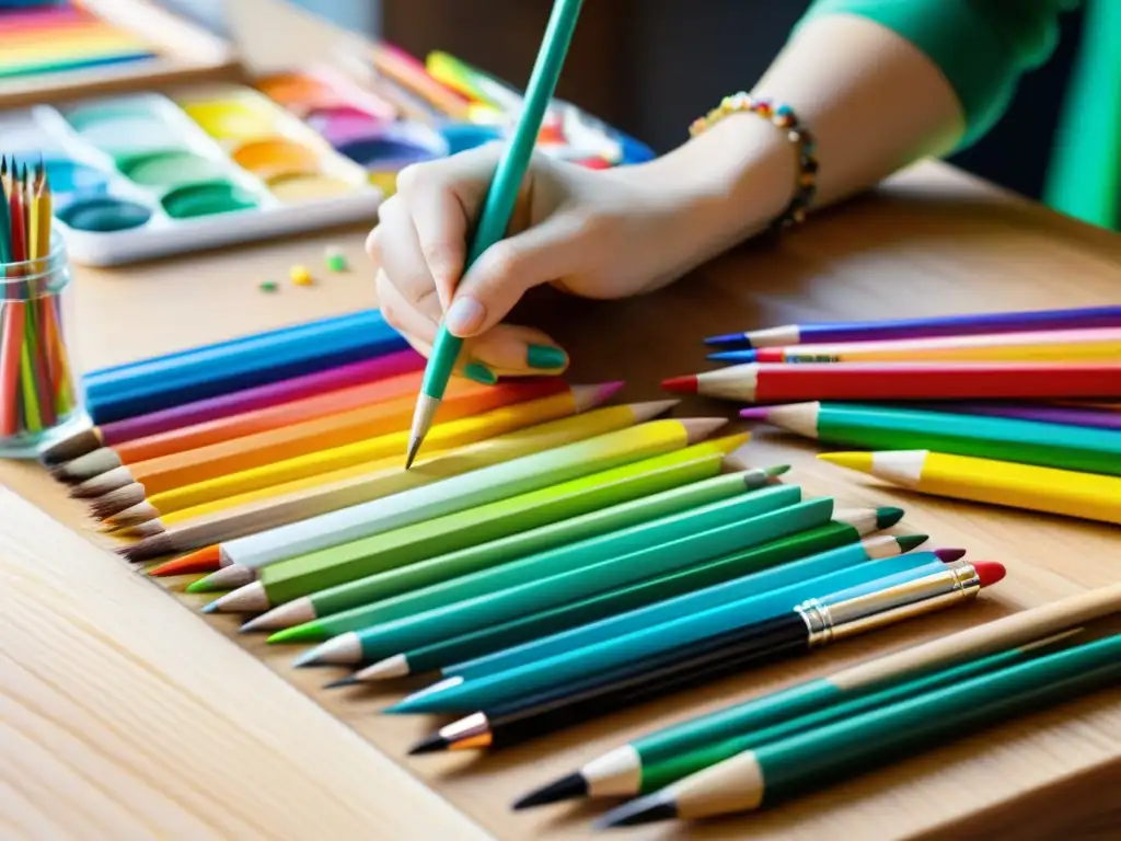 Las manos del artista organizan pinceles y lápices, creando un contraste vibrante en un escritorio de madera bien iluminado